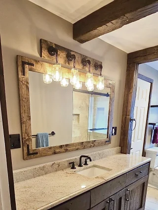 Handmade wood framed bathroom mirror and industrial light fixture set