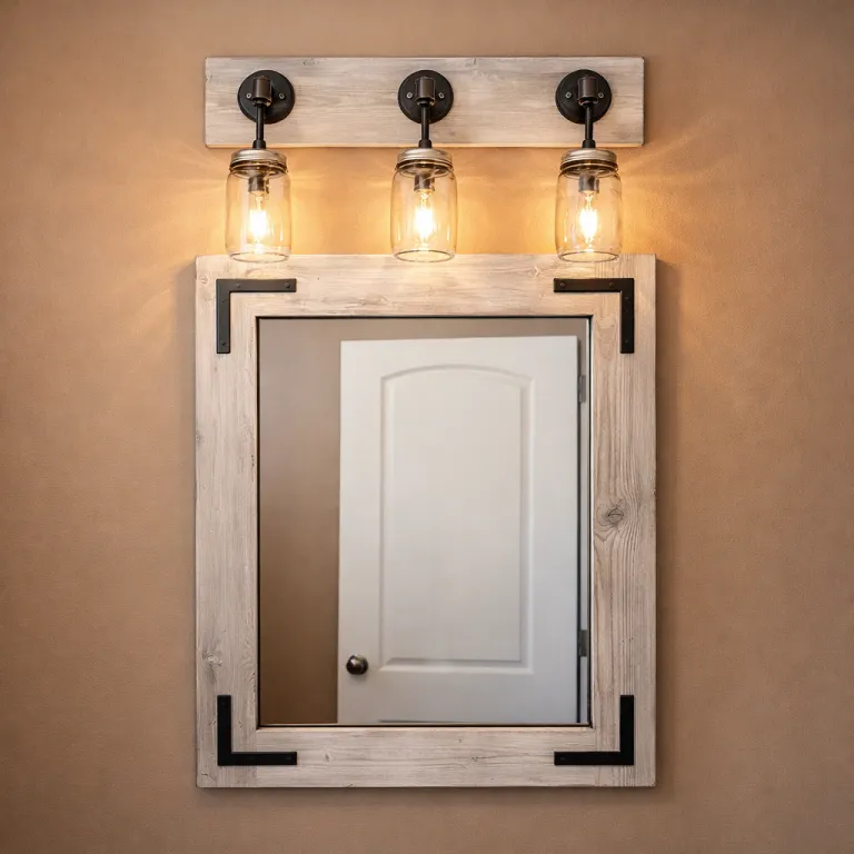 light whitewash bathroom set of two mason jar light and wood frame mirror on a cream bathroom wall