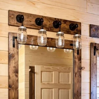 Rustic mason jar vanity light fixture with 4 lights, farmhouse bathroom lighting, industrial pipe wall sconce, wood wall light, handmade USA