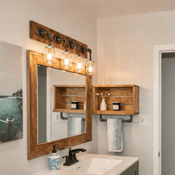 Rustic mason jar vanity light fixture with 4 lights, farmhouse bathroom lighting, industrial pipe wall sconce, wood wall light, handmade USA