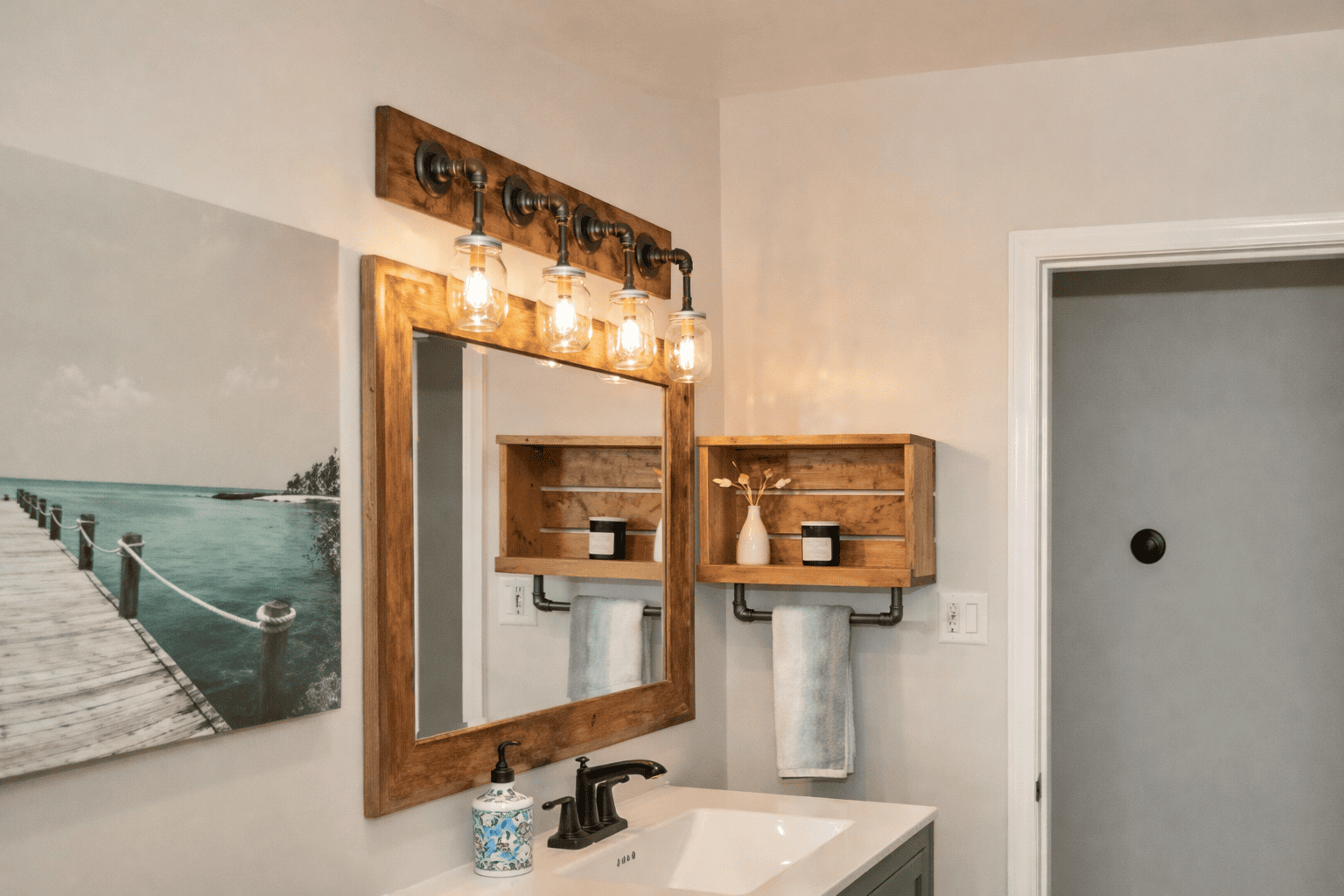 Rustic mason jar vanity light fixture with 4 lights, farmhouse bathroom lighting, industrial pipe wall sconce, wood wall light, handmade USA