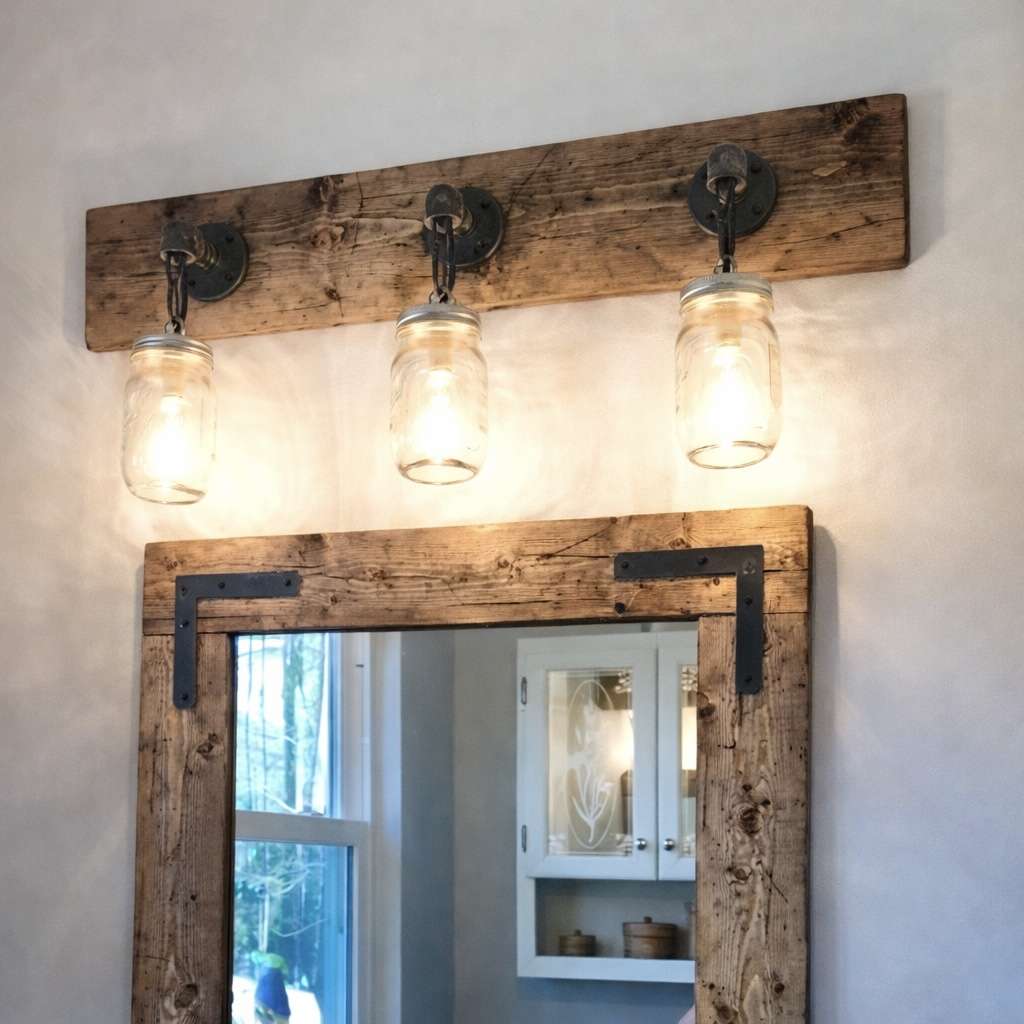 Rustic mason jar vanity light fixture with 3 lights, farmhouse bathroom lighting, industrial pipe wall sconce, wood wall light, handmade USA