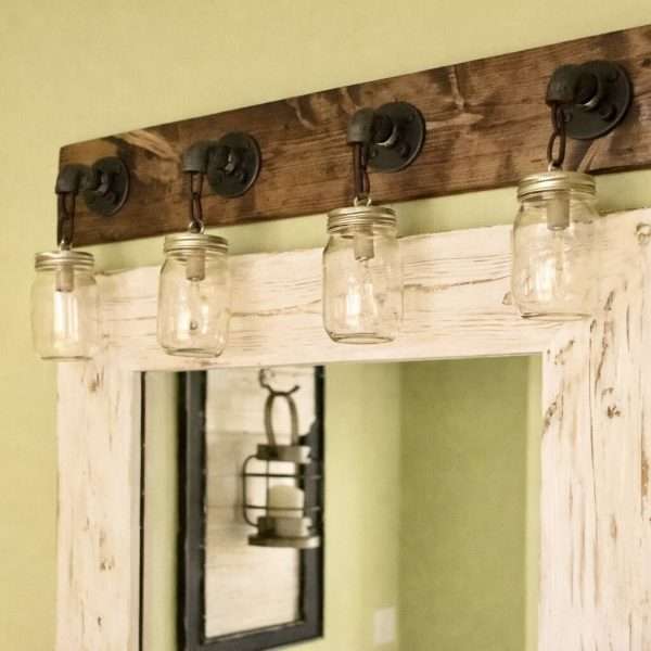 Rustic mason jar vanity light fixture with 4 lights, farmhouse bathroom lighting, industrial pipe wall sconce, wood wall light, handmade USA