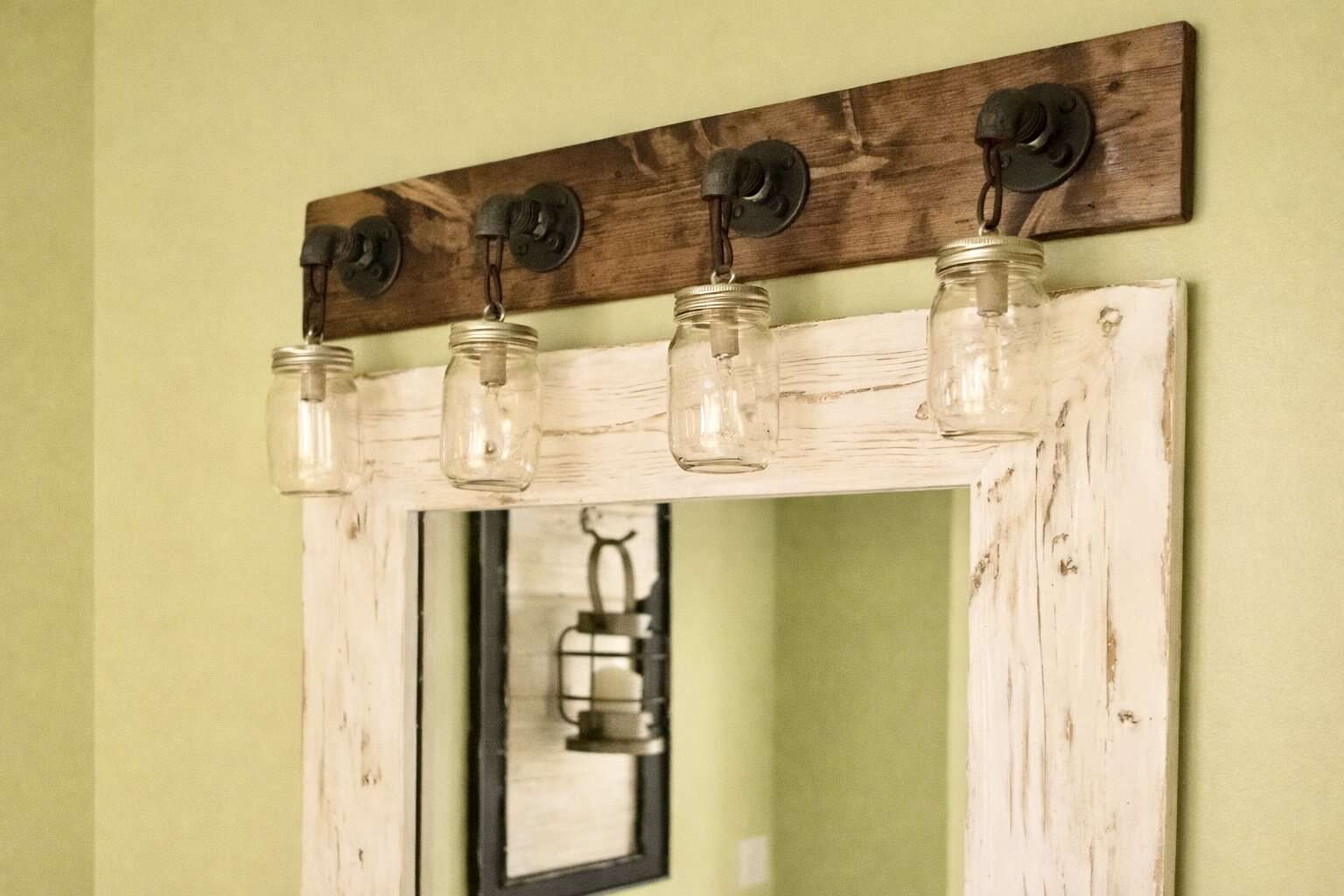 Rustic mason jar vanity light fixture with 4 lights, farmhouse bathroom lighting, industrial pipe wall sconce, wood wall light, handmade USA