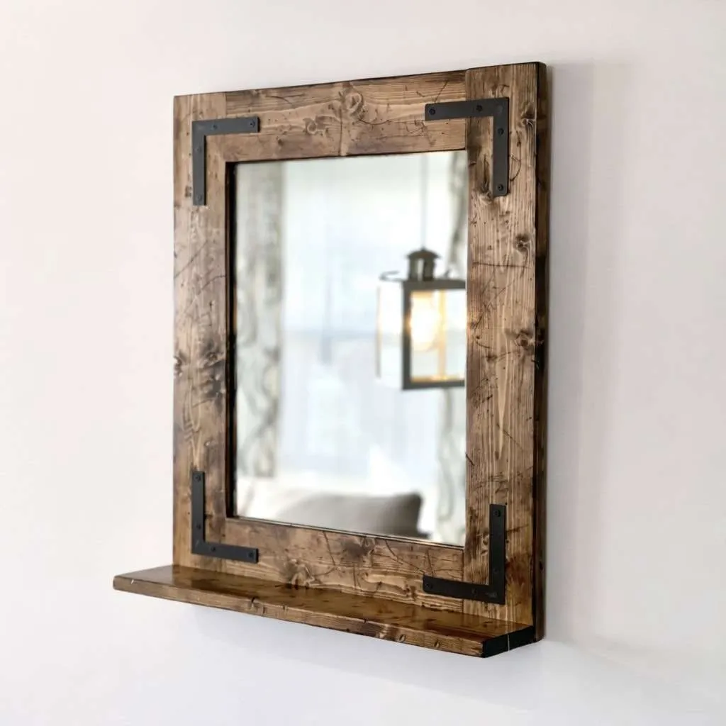 Rustic wood framed bathroom mirror with shelf and black corner brackets farmhouse wall decor
