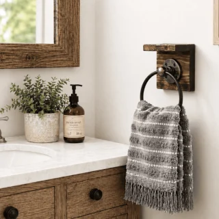 Towel holder ring on wood with shelf storage for bathroom farmhouse rustic
