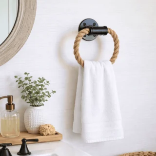 A circular black rope towel holder with a natural thick rope attached on a wall next to a sink with white towel