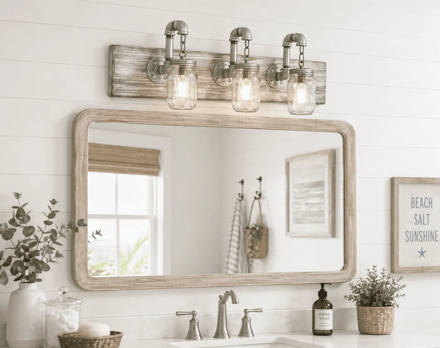 industrial pipe vanity light with wood base 4 jars edison bulb bathroom lighting handmade USA