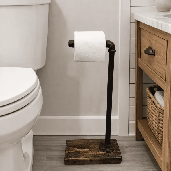 toilet paper stand for one roll sitting next to the toilet on bathroom floor