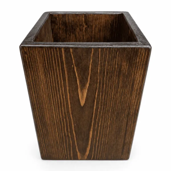 Handmade rustic wooden trash can featuring black metal drawer pull handle, natural wood grain, farmhouse decor