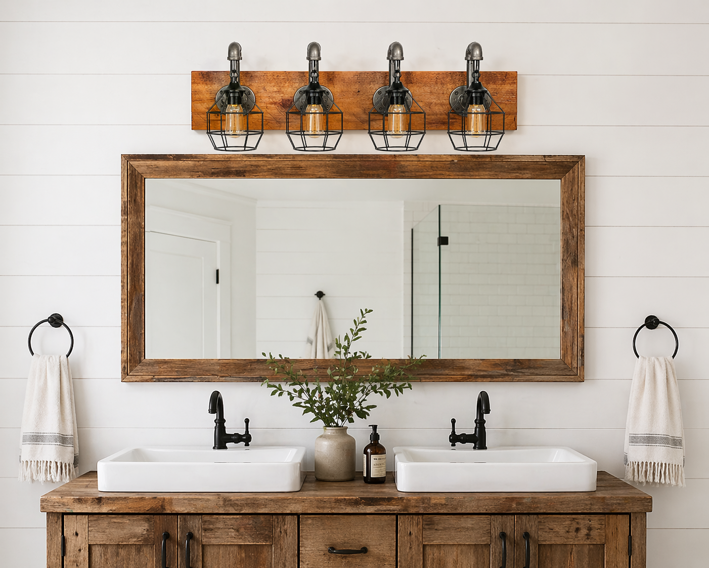 rustic industrial cage vanity light wood and pipe bathroom lighting 2-3-4-5-6 bulb farmhouse decor