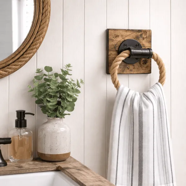 rope towel holder on a rustic wood