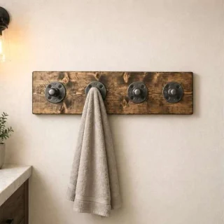 rustic wood coat rack with industrial pipe hooks farmhouse wall mounted entryway organizer