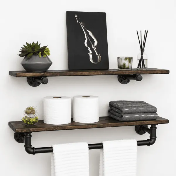 Alternative view of 7.25" Deep Towel Bar with Shelf and Extra Floating Shelf, Industrial, Modern, Rustic Towel Holder, Bathroom Shelf, Bathroom Decor, Shelves