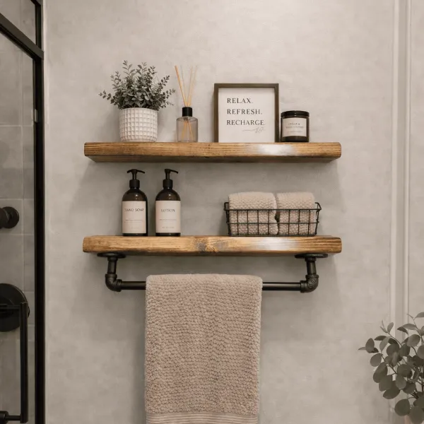 wood floating shelves on a bathroom wall with a towel bar for hanging towels