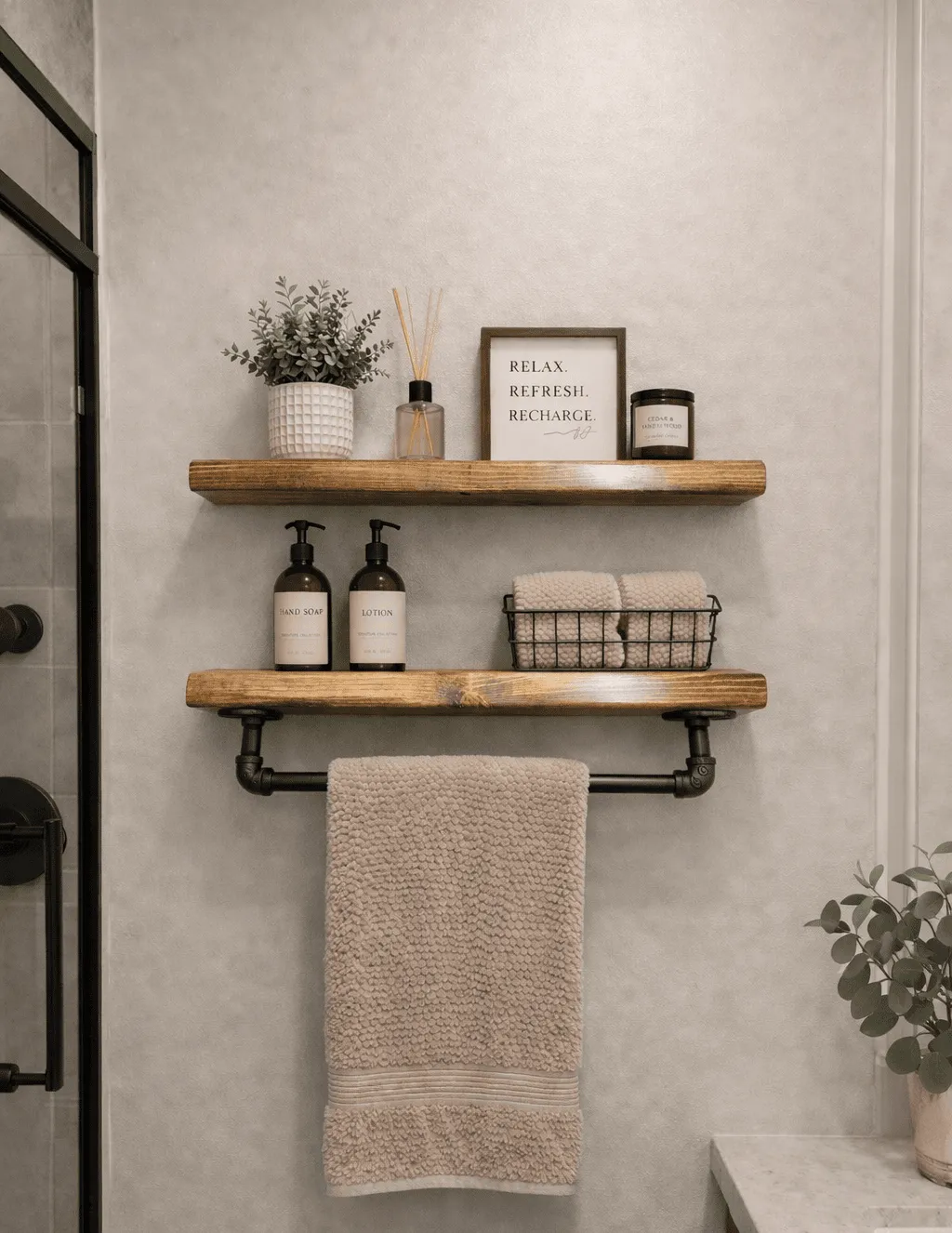 wood floating shelves on a bathroom wall with a towel bar for hanging towels