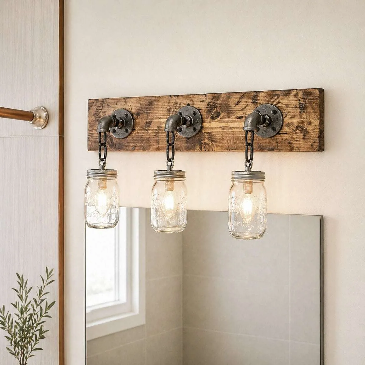 Rustic mason jar vanity light fixture with 3 lights, farmhouse bathroom lighting, industrial pipe wall sconce, wood wall light, handmade USA