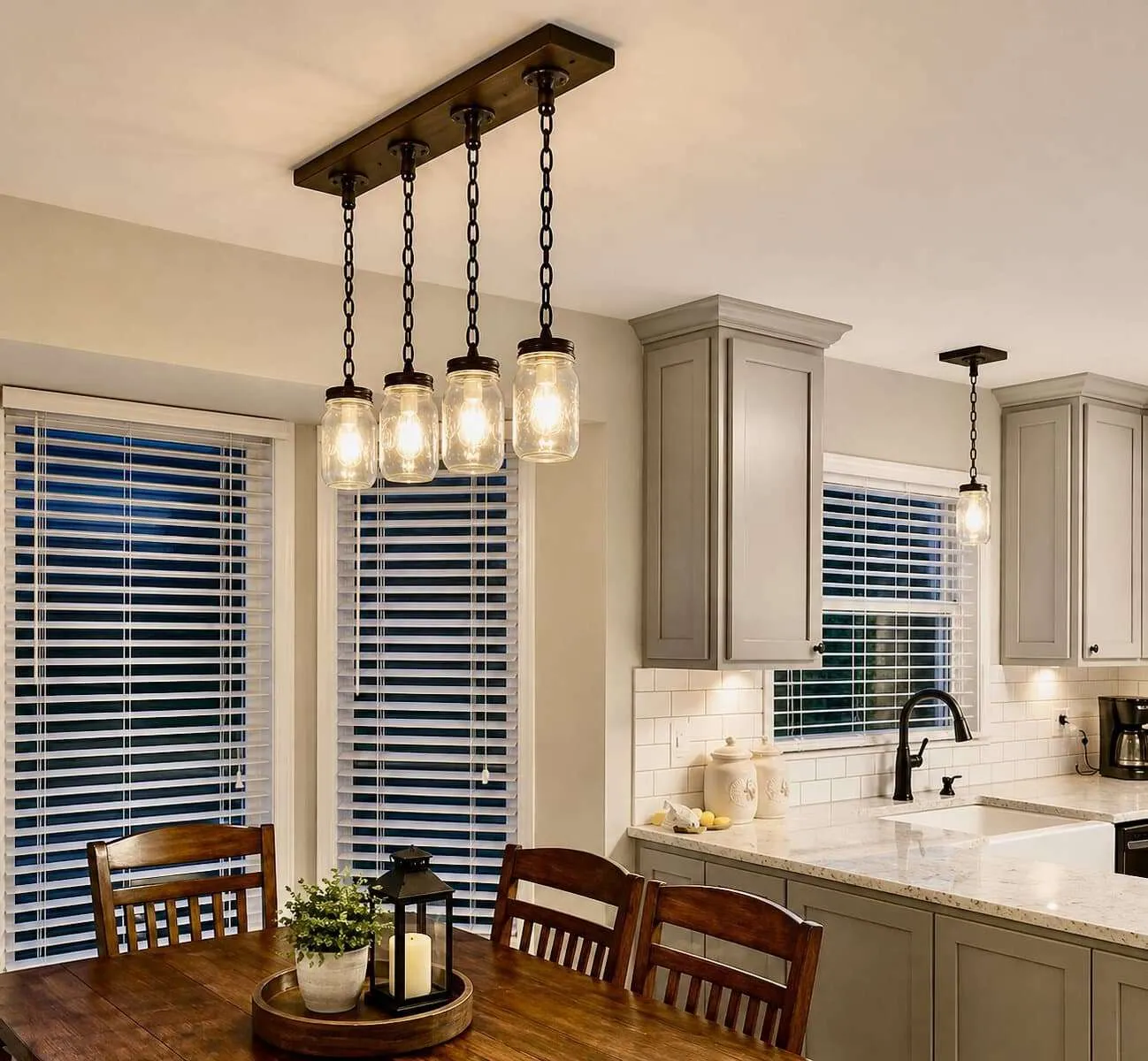 mason jar hanging light kitchen island rustic farmhouse style
