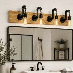 industrial pipe vanity light with reclaimed wood base 2-3-4-5-6- edison bulb bathroom lighting handmade USA