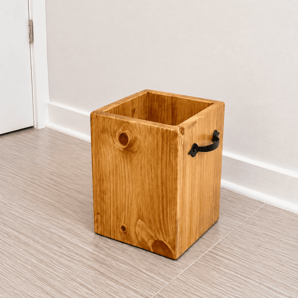 Rustic small farmhouse wooden trash can light stained wood waste bin with black metal handle perfect for bathroom laundry room or entryway decor