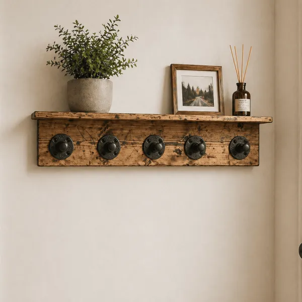 farmhouse wall coat rack with shelf rustic wood with black pipe hooks entryway organizer