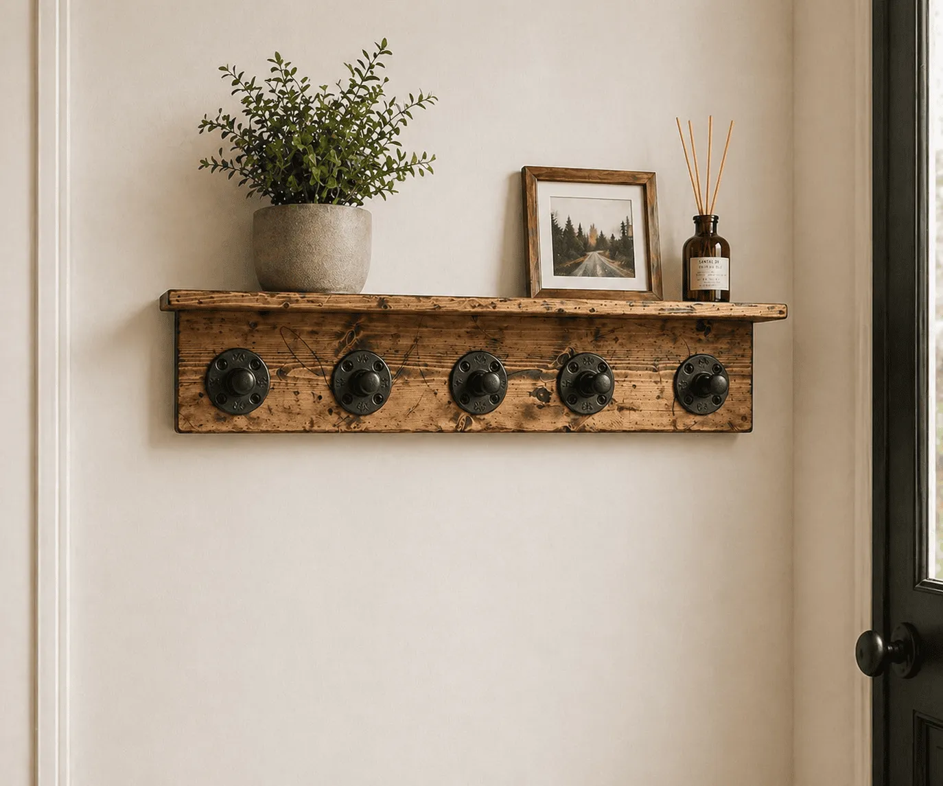farmhouse wall coat rack with shelf rustic wood with black pipe hooks entryway organizer