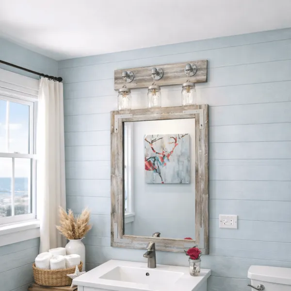 Farmhouse whitewash vanity mirror with silver mason jar lighting and industrial pipe