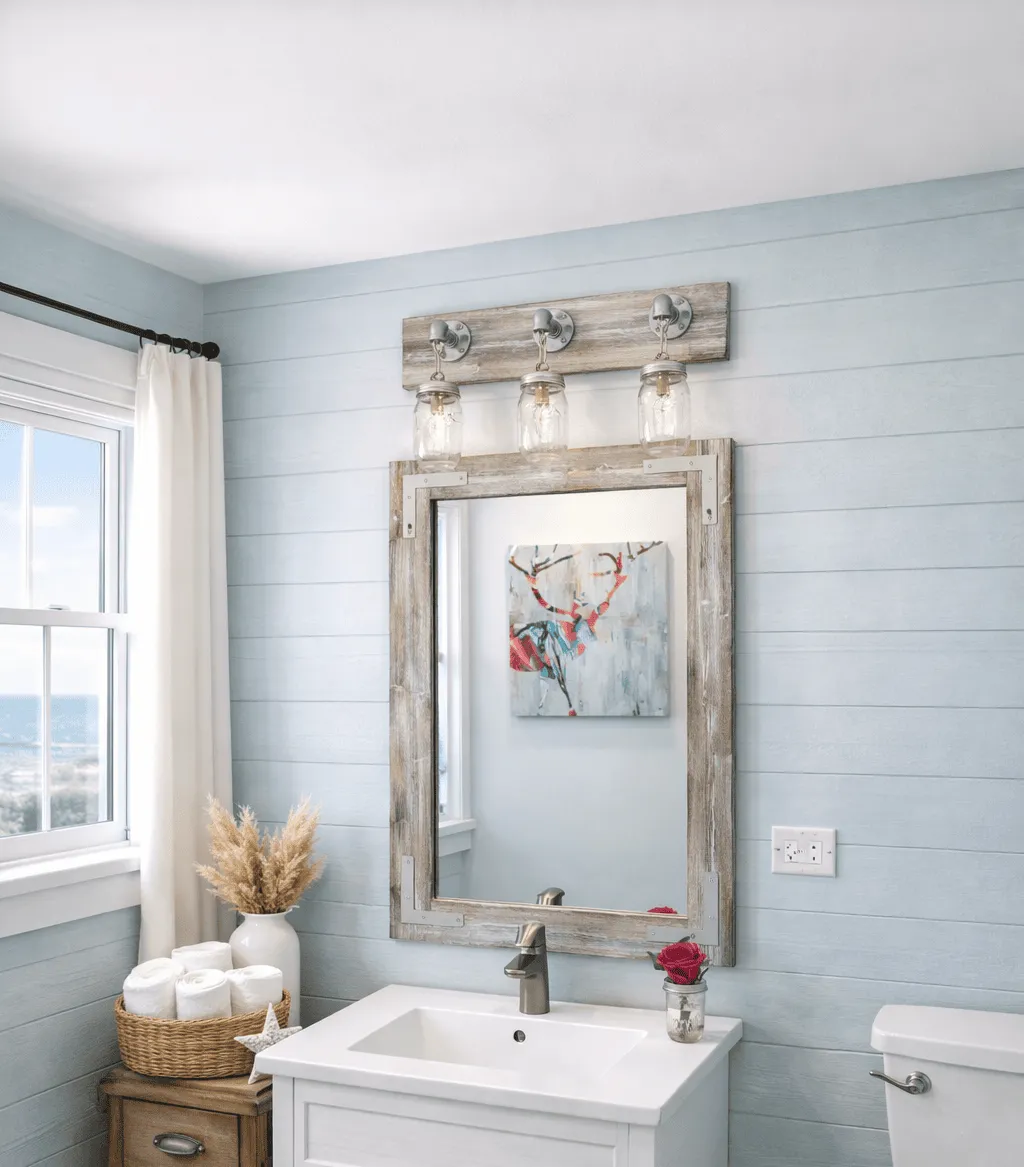 Farmhouse whitewash vanity mirror with silver mason jar lighting and industrial pipe
