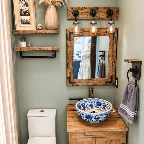 Rustic mirror with jar lights and towel ring with wall floating shelves