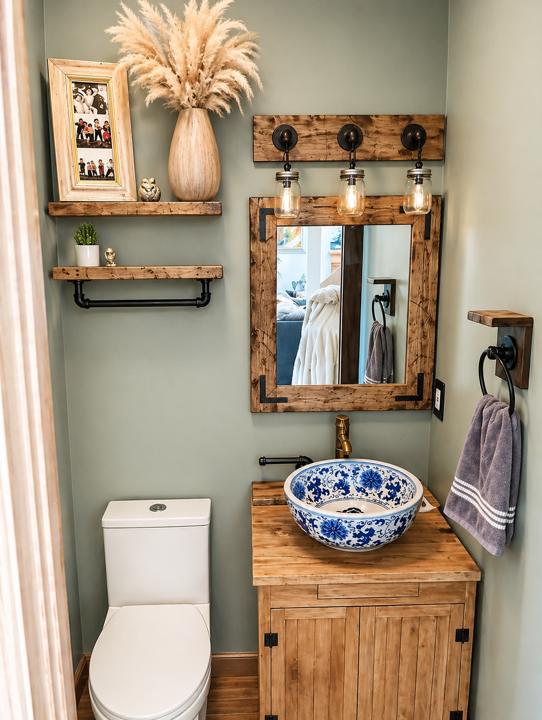 Rustic mirror with jar lights and towel ring with wall floating shelves