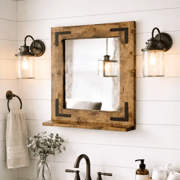 Wall mounted dark wood mirror with shelf for farmhouse bathroom vanity