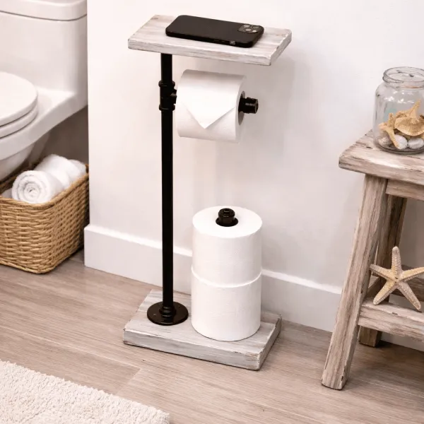 coastal farmhouse bathroom toilet paper stand white rustic wood base industrial pipe holder multiple designs and shelf with extra rolls storage