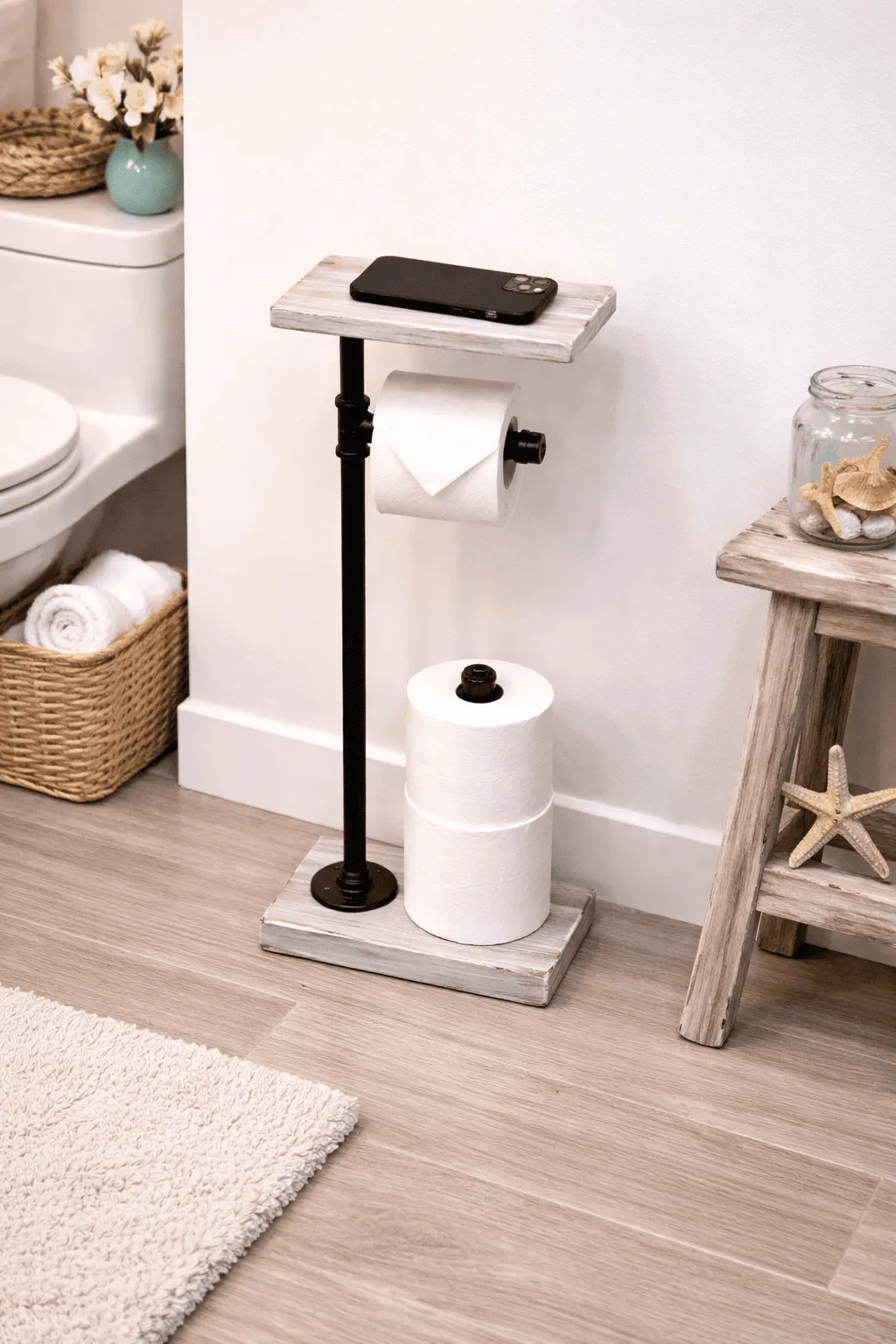 coastal farmhouse bathroom toilet paper stand white rustic wood base industrial pipe holder multiple designs and shelf with extra rolls storage