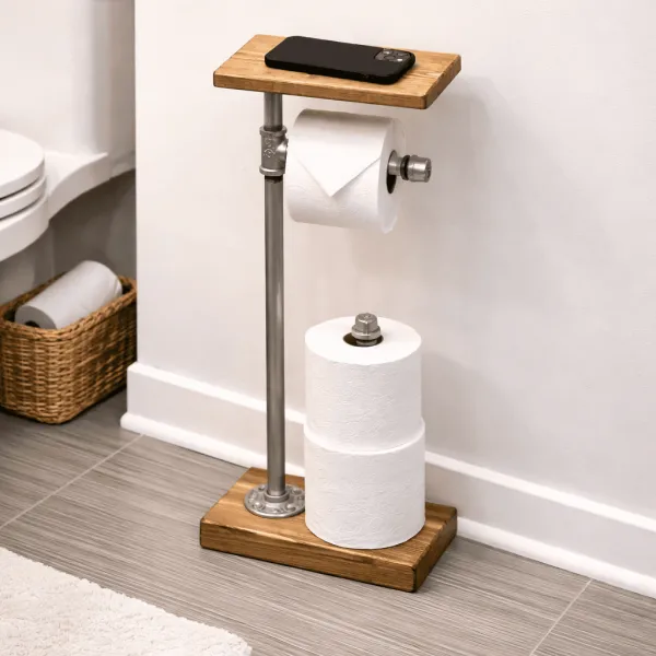 rustic bathroom organizer toilet paper stand wood and silver pipe freestanding holder multiple finish options and shelf