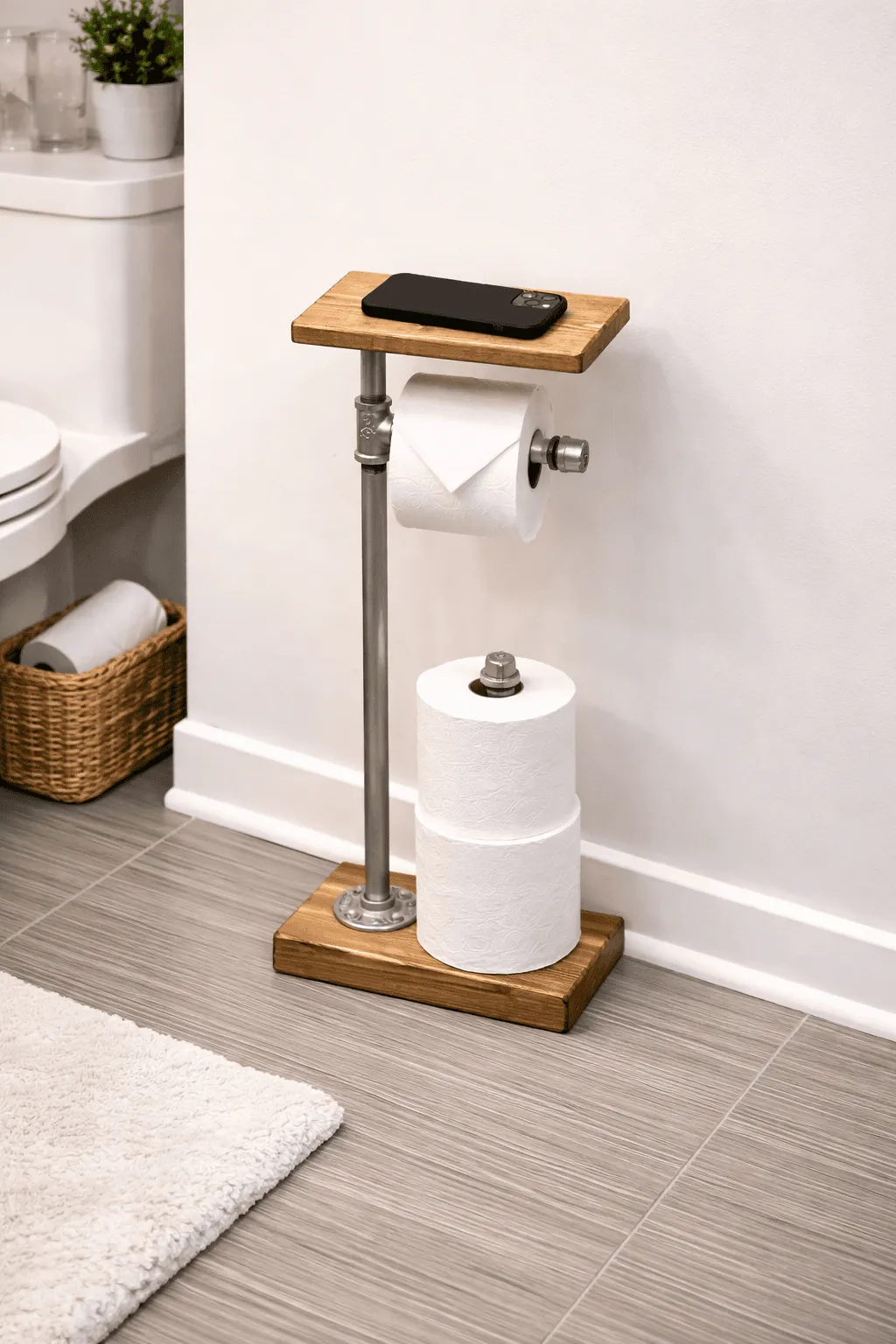 rustic bathroom organizer toilet paper stand wood and silver pipe freestanding holder multiple finish options and shelf