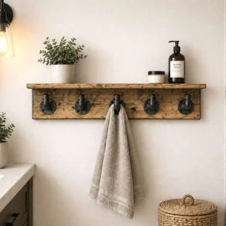 Rustic metal hooks on wood with shelf for farmhouse bathroom