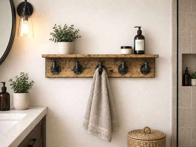 Rustic wood rack with industrial pipe hooks