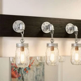 industrial pipe vanity light with wood base 3 mason jars edison bulb bathroom lighting handmade USA