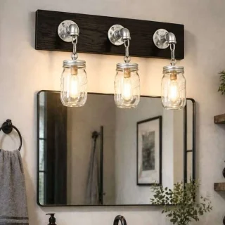 industrial pipe vanity light with wood base 3 mason jars edison bulb bathroom lighting handmade USA
