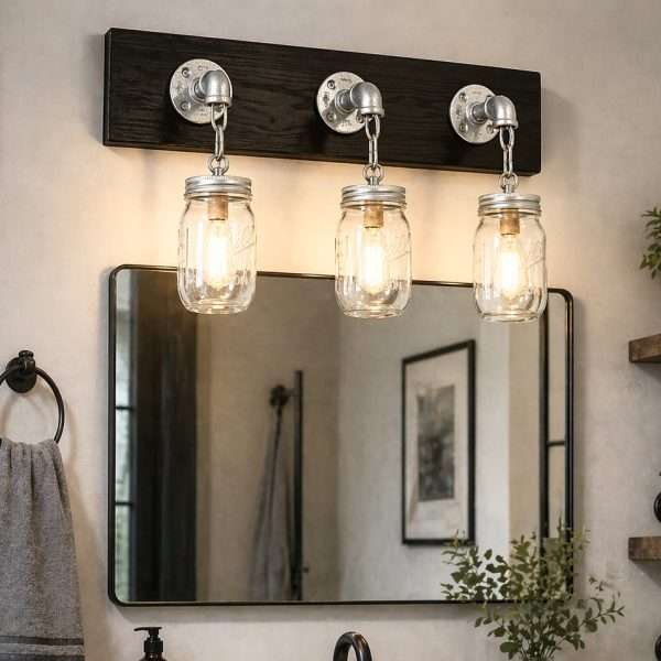 industrial pipe vanity light with wood base 3 mason jars edison bulb bathroom lighting handmade USA