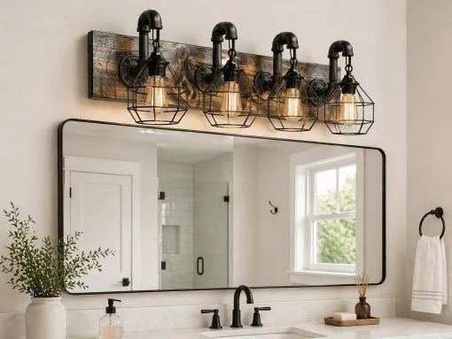 Rustic wood 4 cages vanity light fixture industrial farmhouse bathroom handmade in USA