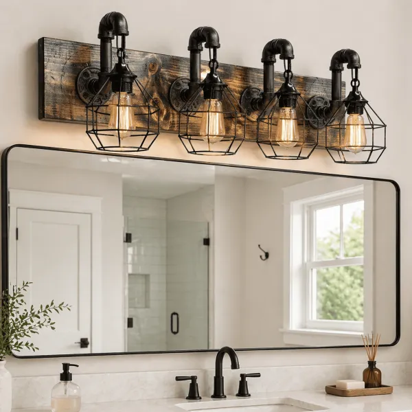 Rustic wood 4 cages vanity light fixture industrial farmhouse bathroom handmade in USA