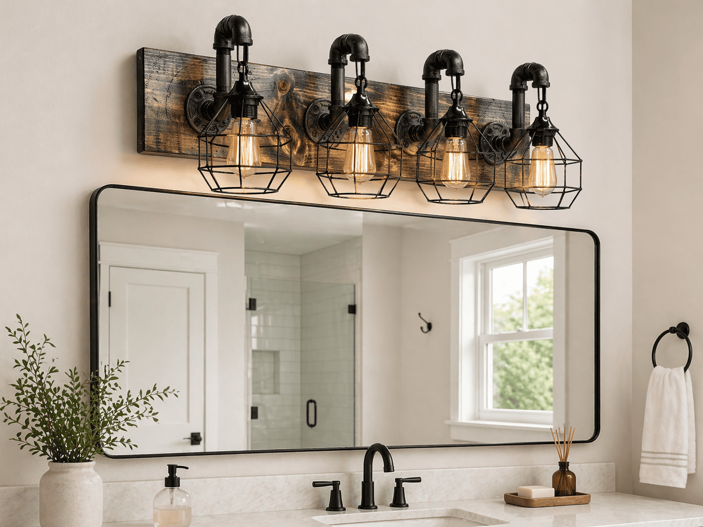 Rustic wood 4 cages vanity light fixture industrial farmhouse bathroom handmade in USA