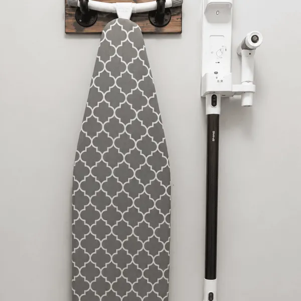 farmhouse ironing board hanger wood and metal pipe wall organizer handmade USA