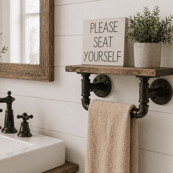 towel bar with solid rustic wood shelf mounted in the bathroom