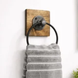 bathroom hand metal towel ring on square wood
