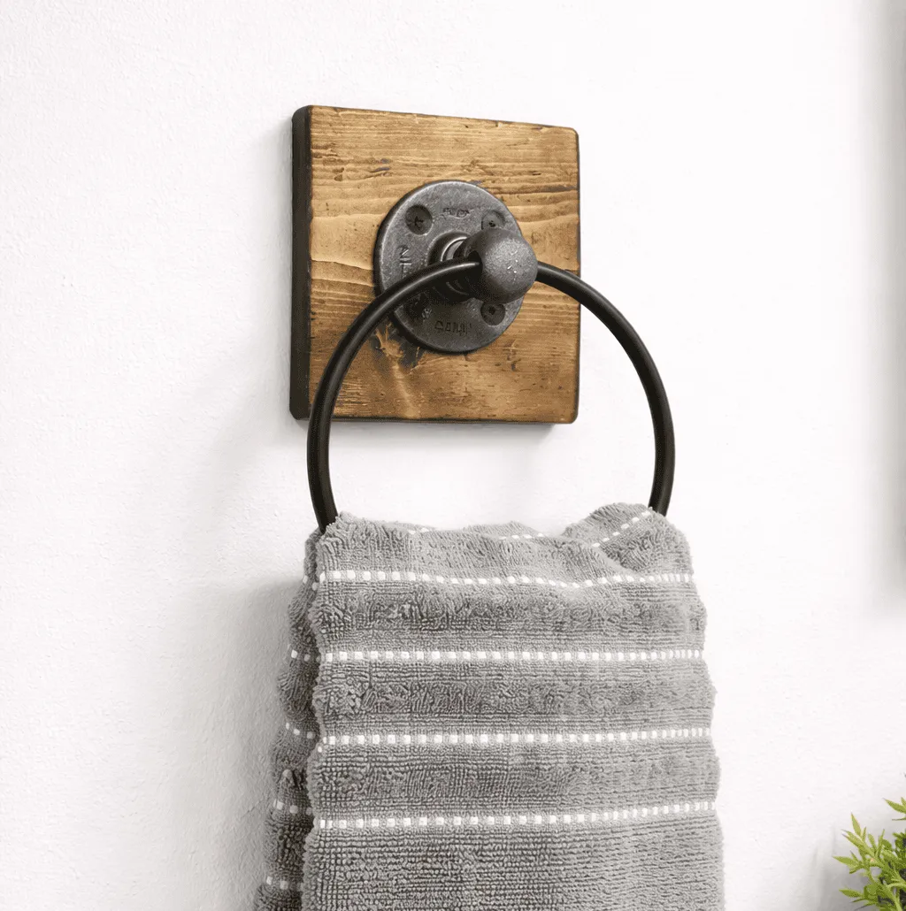 bathroom hand metal towel ring on square wood