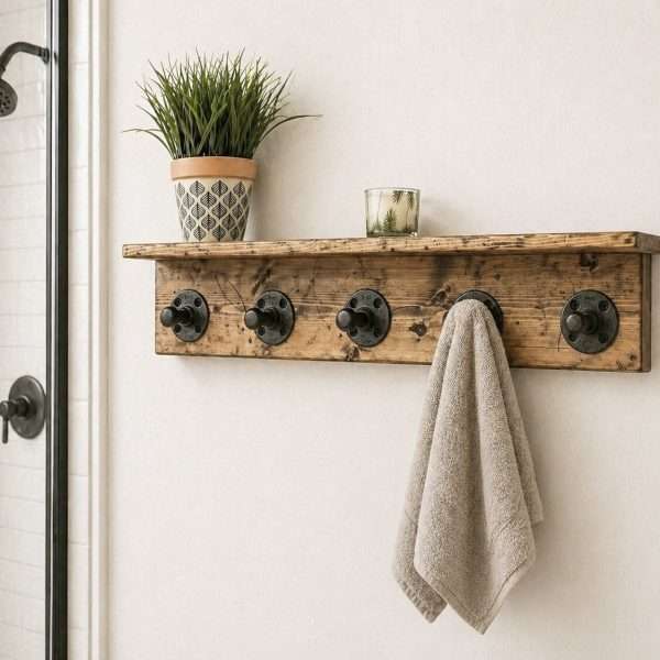 rustic wood towel rack with shelf and with industrial pipe hooks farmhouse wall mounted bathroom organizer