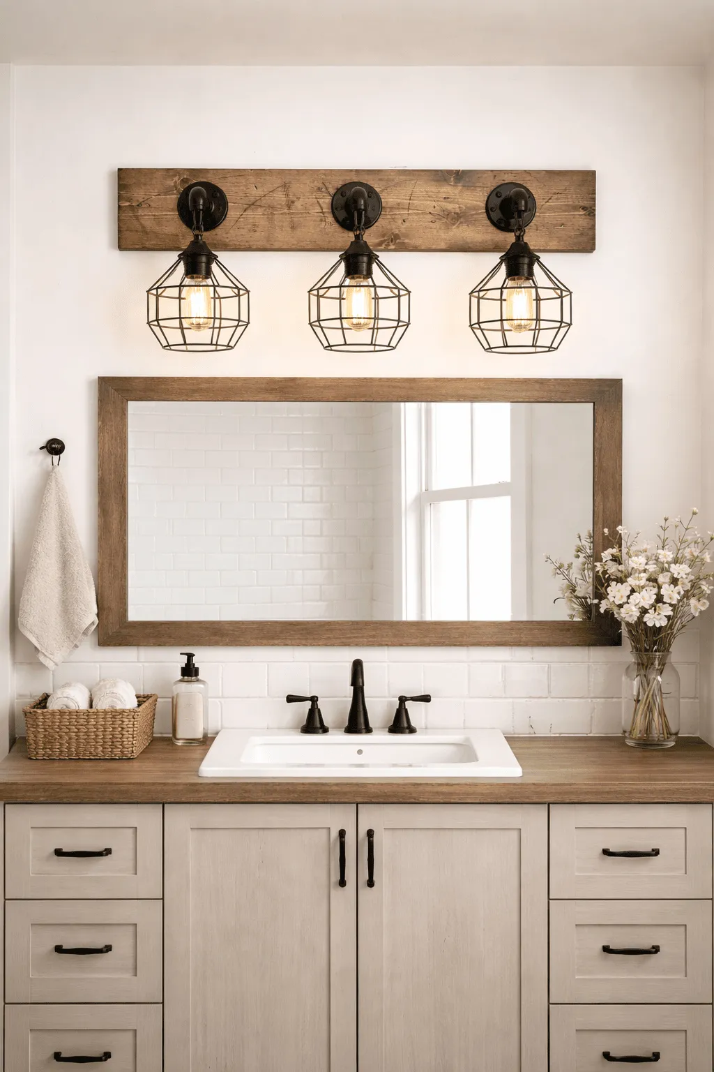 Rustic Industrial Vanity Light – Handmade Wood & Metal Bathroom Wall Light (3-Cage or Custom Size) - Image 3
