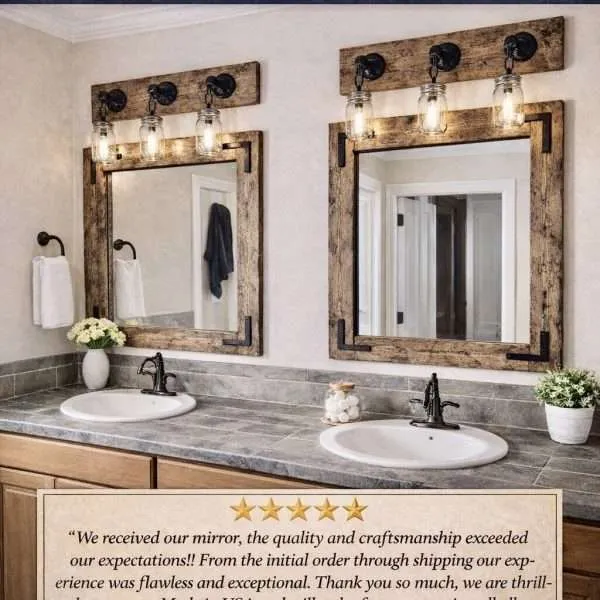 rustic framed mirror and mason jar light bathroom set made in USA